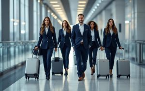 Équipe marketing en déplacement professionnel dans un aéroport international, des hommes et des femmes portant des tenues d’affaires et tirant des valises cabine, ambiance corporate et lumineuse.