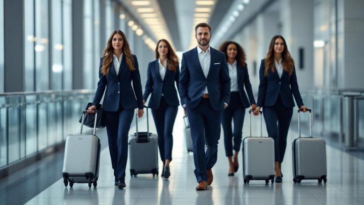 Équipe marketing en déplacement professionnel dans un aéroport international, des hommes et des femmes portant des tenues d’affaires et tirant des valises cabine, ambiance corporate et lumineuse.