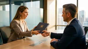 Une consultante présente une proposition commerciale haut de gamme à un client dans une salle de réunion moderne, dans une atmosphère professionnelle et constructive.