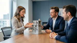 Une conceptrice industrielle présente un prototype imprimé en 3D à deux clients dans une salle de réunion professionnelle.