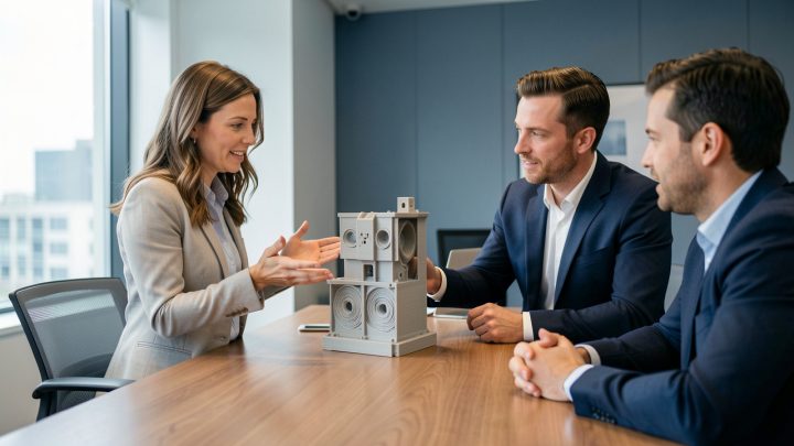 Une conceptrice industrielle présente un prototype imprimé en 3D à deux clients dans une salle de réunion professionnelle.